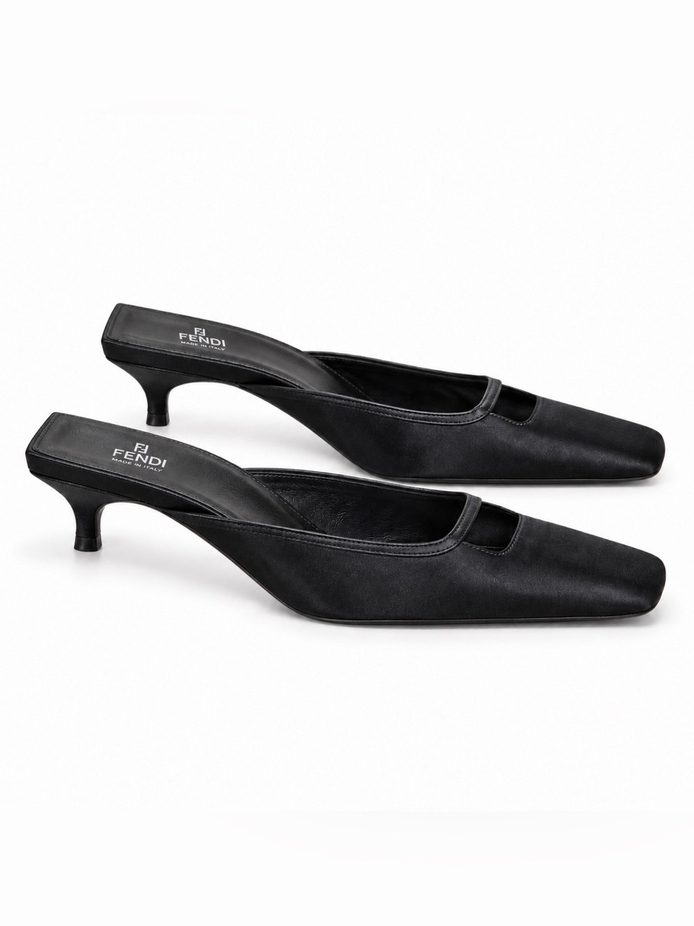 Auth Fendi Black Satin Square Toe Slip On Mules kitten heel dress shoe 8 38